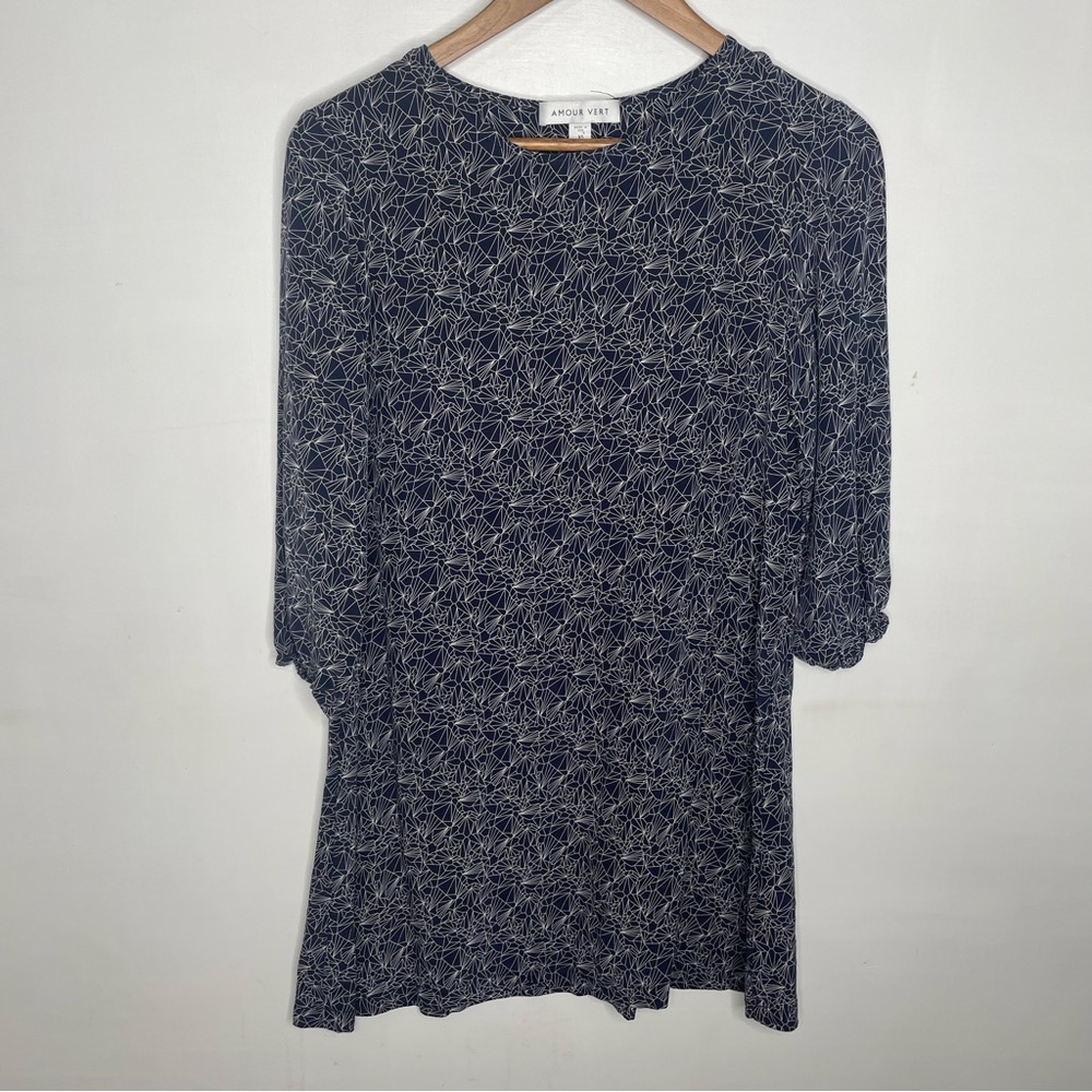 Amour Vert Blue and white geometric print silk dress